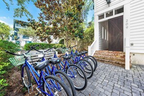 A row of blue bicycles parked outside a building with a dark wooden door and the number 209 on the wall.