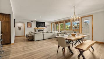 Smart TV, fireplace, books