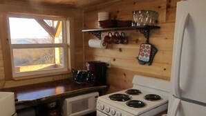 A kitchen with wooden walls, a stove, a microwave, and a refrigerator. - Lost Valley View Cabin (Ponca)