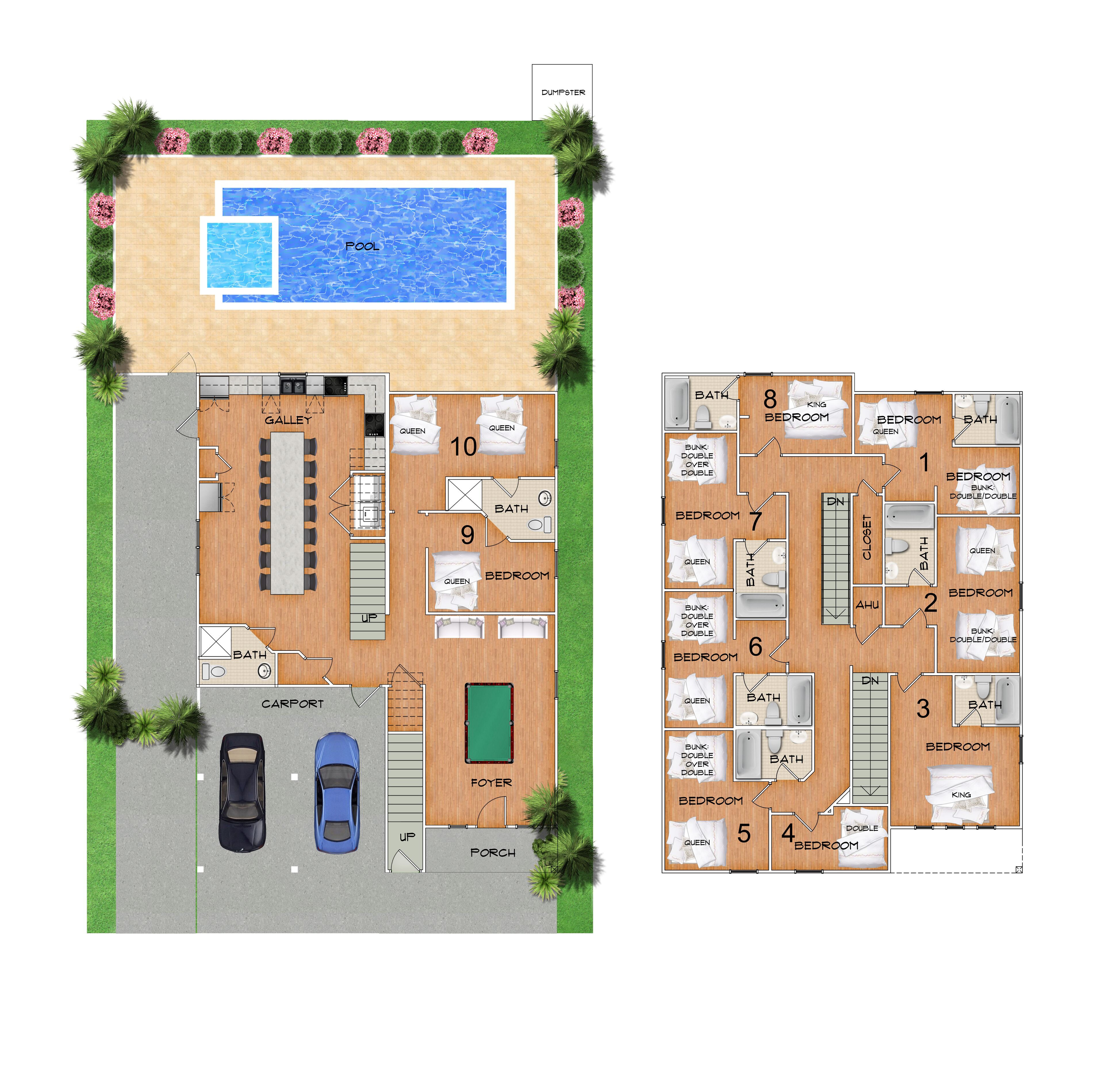 A hotel layout with a pool, multiple bedrooms, a courtyard, and a carport.