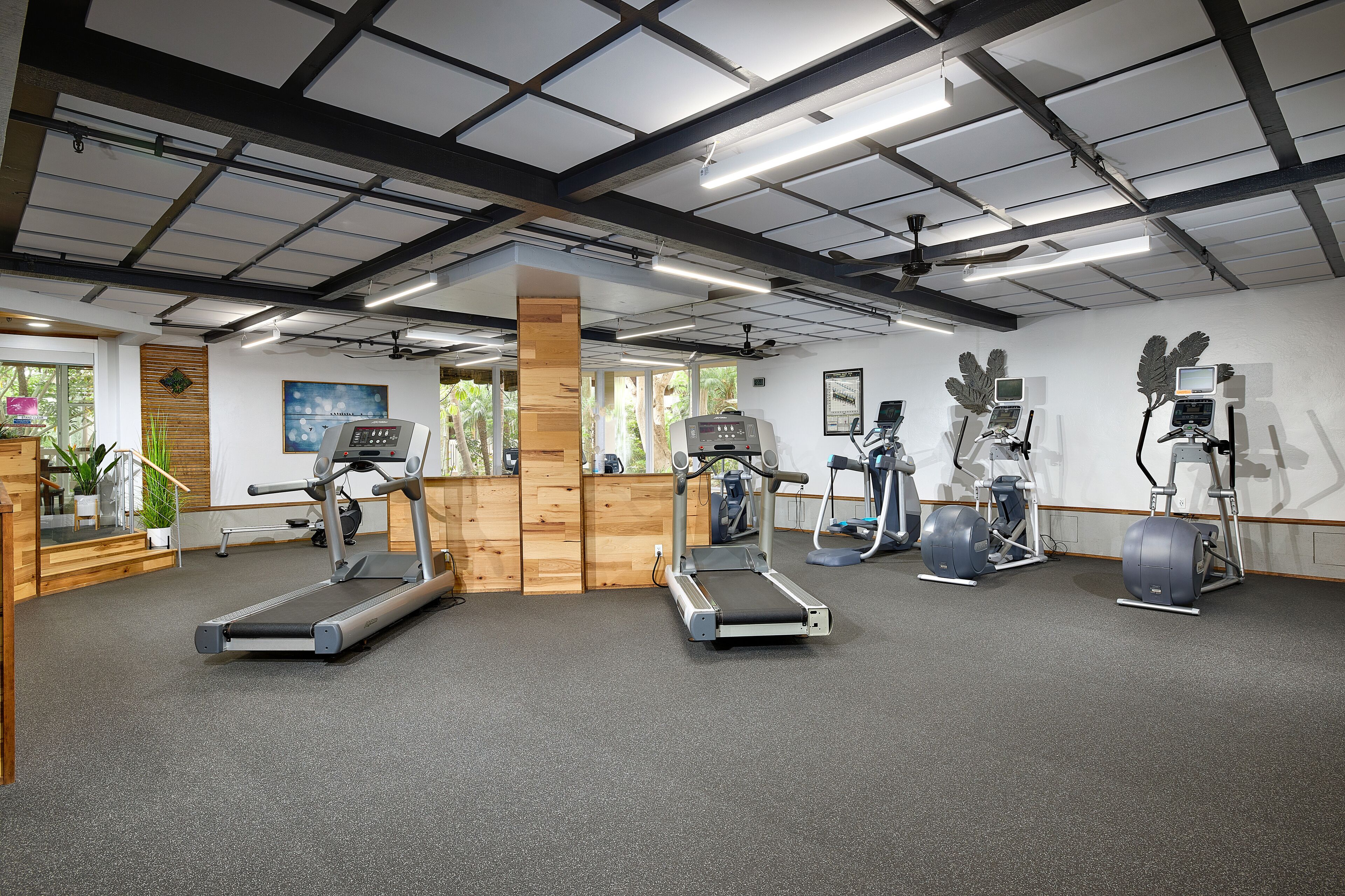 A gym with treadmills, elliptical machines, and stationary bikes.