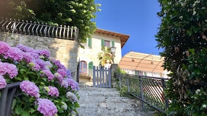 A stone staircase leading to a building with a traditional facade, a metal gate, and lush greenery.