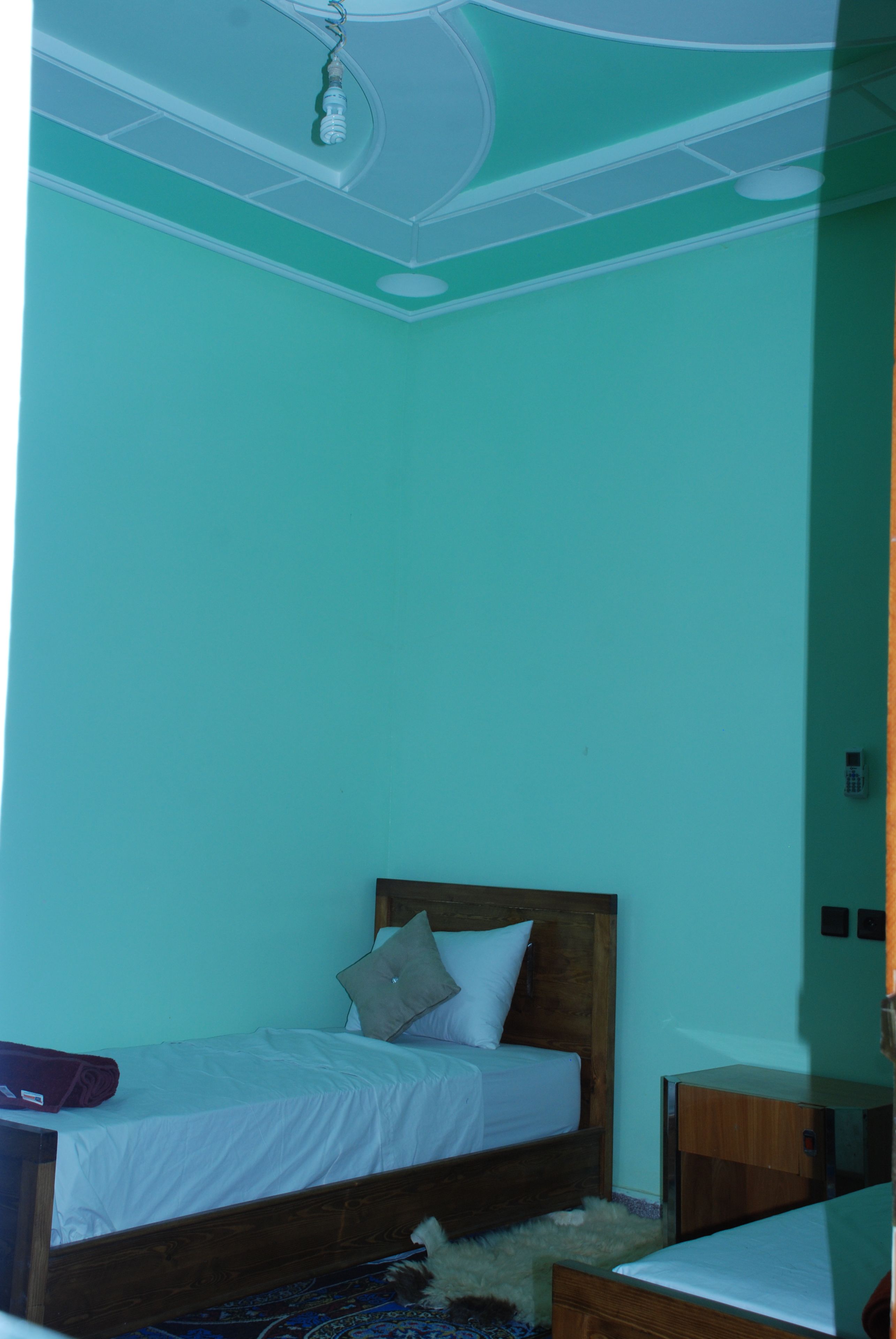 A room with a bed, a wooden nightstand, and a ceiling light fixture.