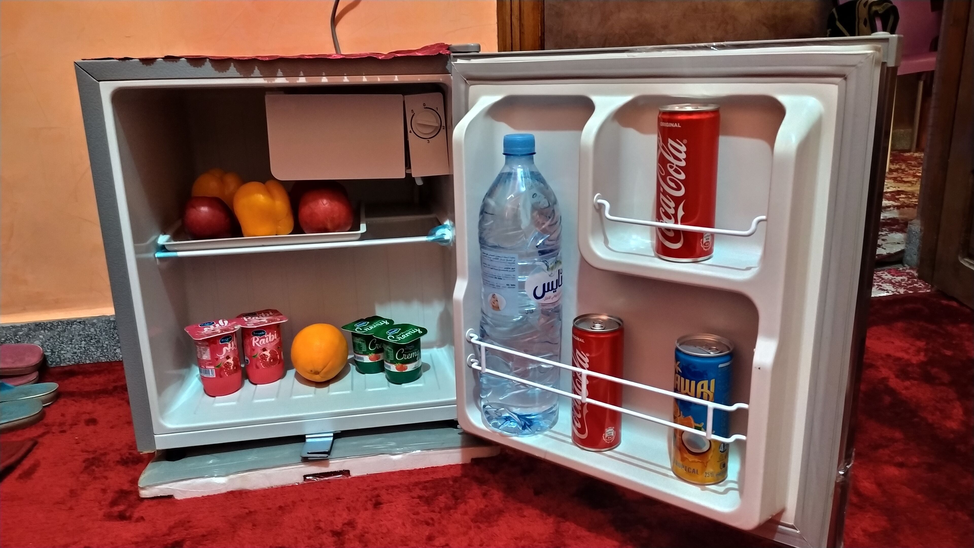 Un refrigerador pequeño con una botella de agua, dos latas de Coca-Cola, una lata de Fanta y algunos recipientes de yogur.