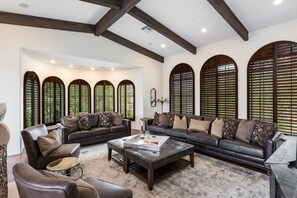 Smart TV, fireplace, video games, DVD player