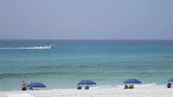 On the beach, sun-loungers