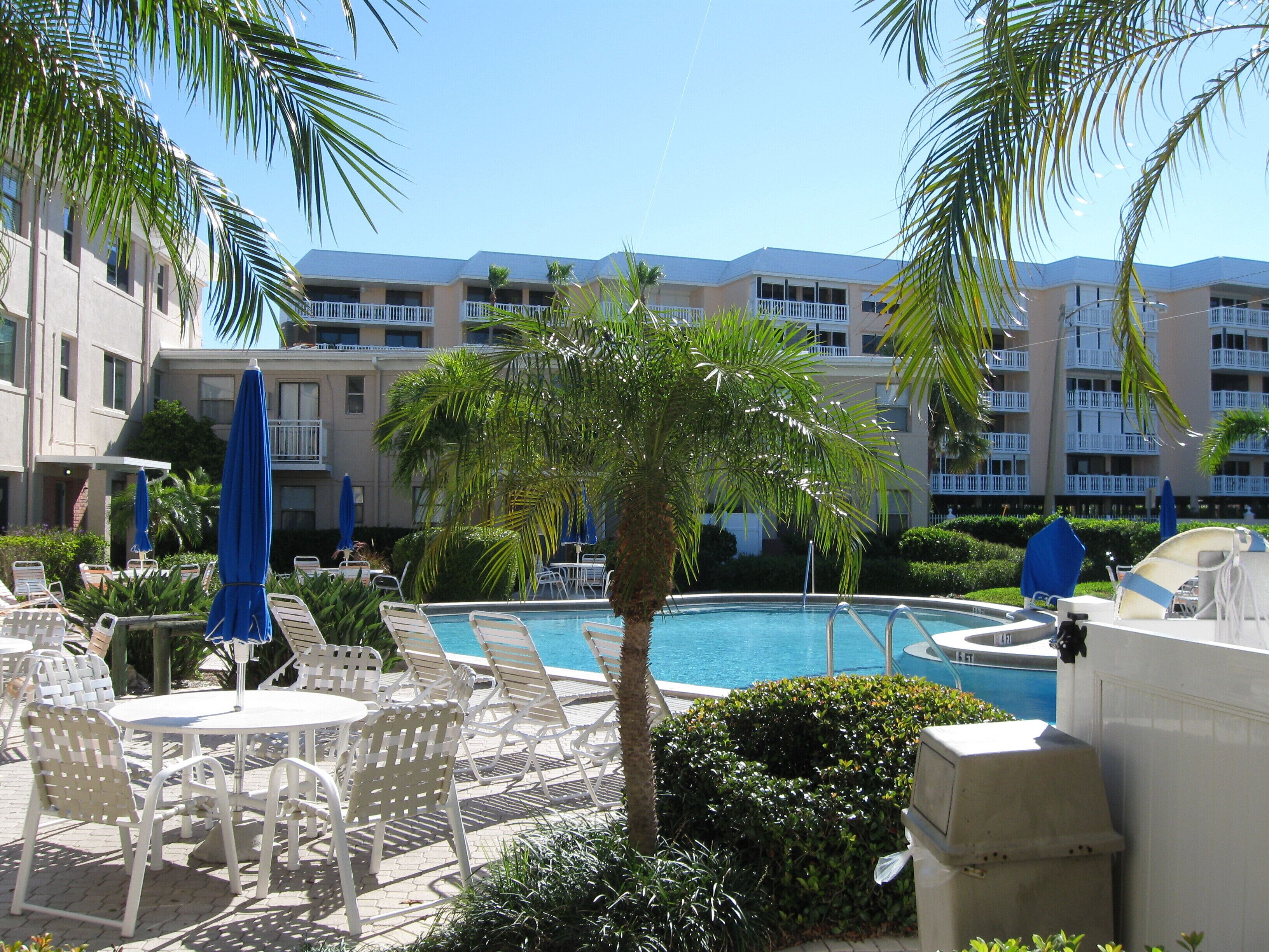 Un espace piscine agrémenté de chaises longues et de parasols, entouré de palmiers et bordé d’un bâtiment doté de balcons.