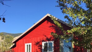 A red wooden house with a front door, a small window, and a porch. - Quiet Cottage in the Country (Cove)