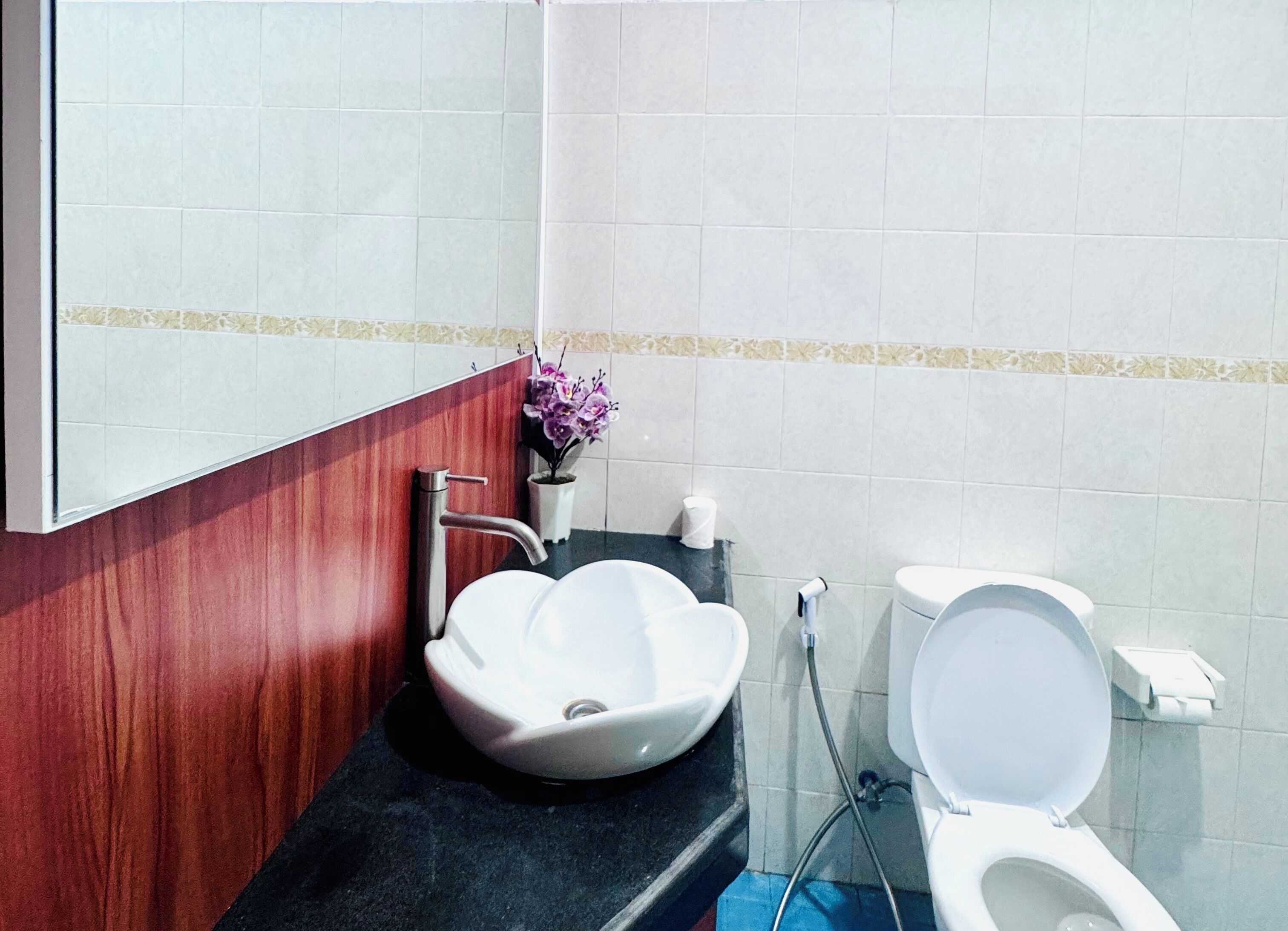 A bathroom with a white sink, a toilet, and a mirror.