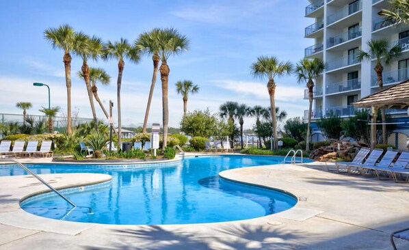 A swimming pool with palm trees and lounge chairs.