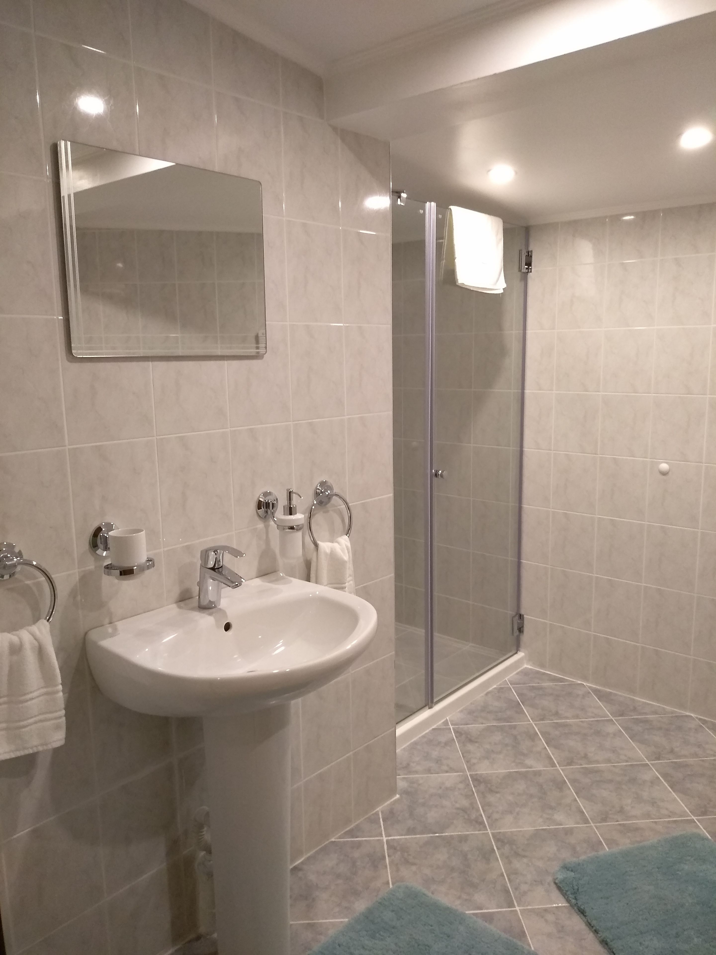 Een moderne badkamer met een wastafel, spiegel en douchecabine met glazen wanden.