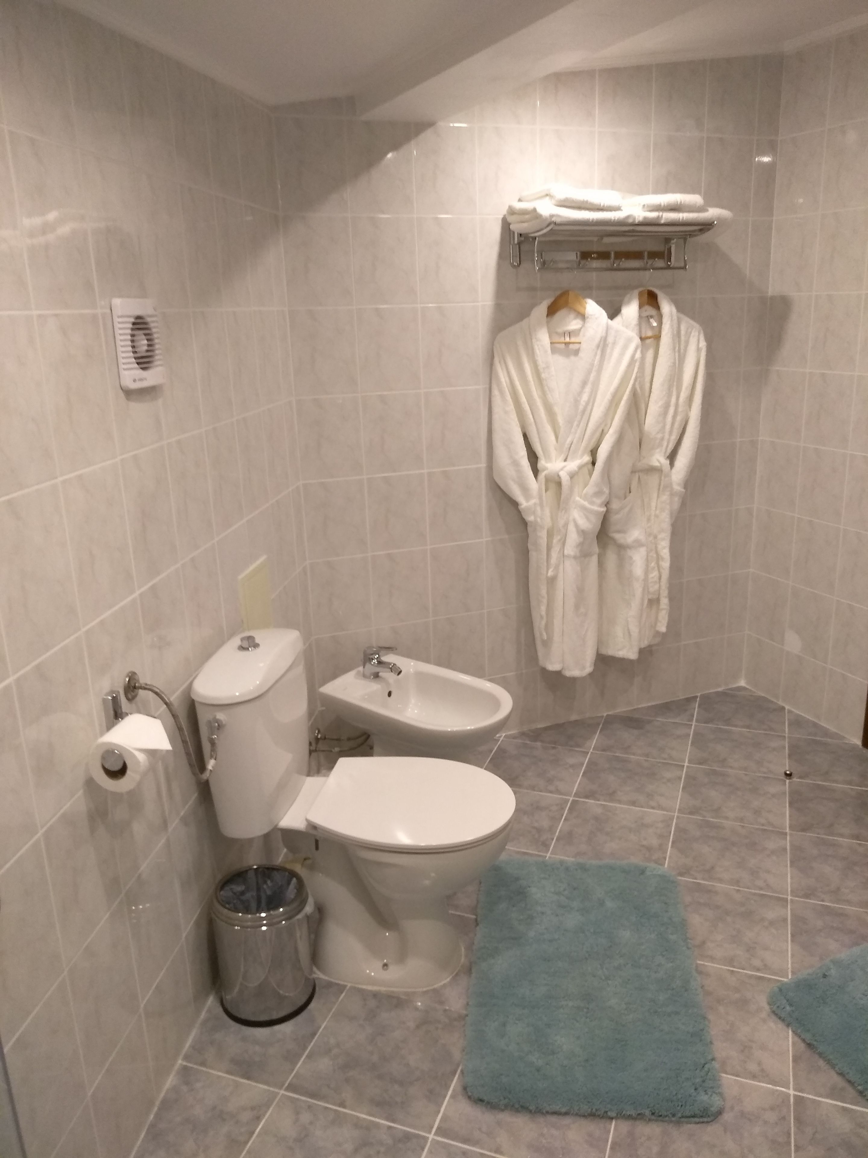 Casa de banho com sanita, bidé e dois roués brancos pendurados num suporte.