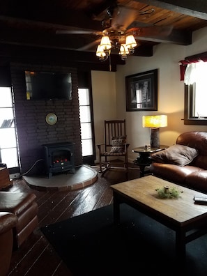 Een smart-tv, een open haard, een dvd-speler en boeken