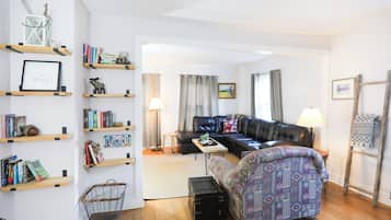 Smart TV, fireplace, books