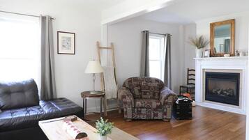 Smart TV, fireplace, books