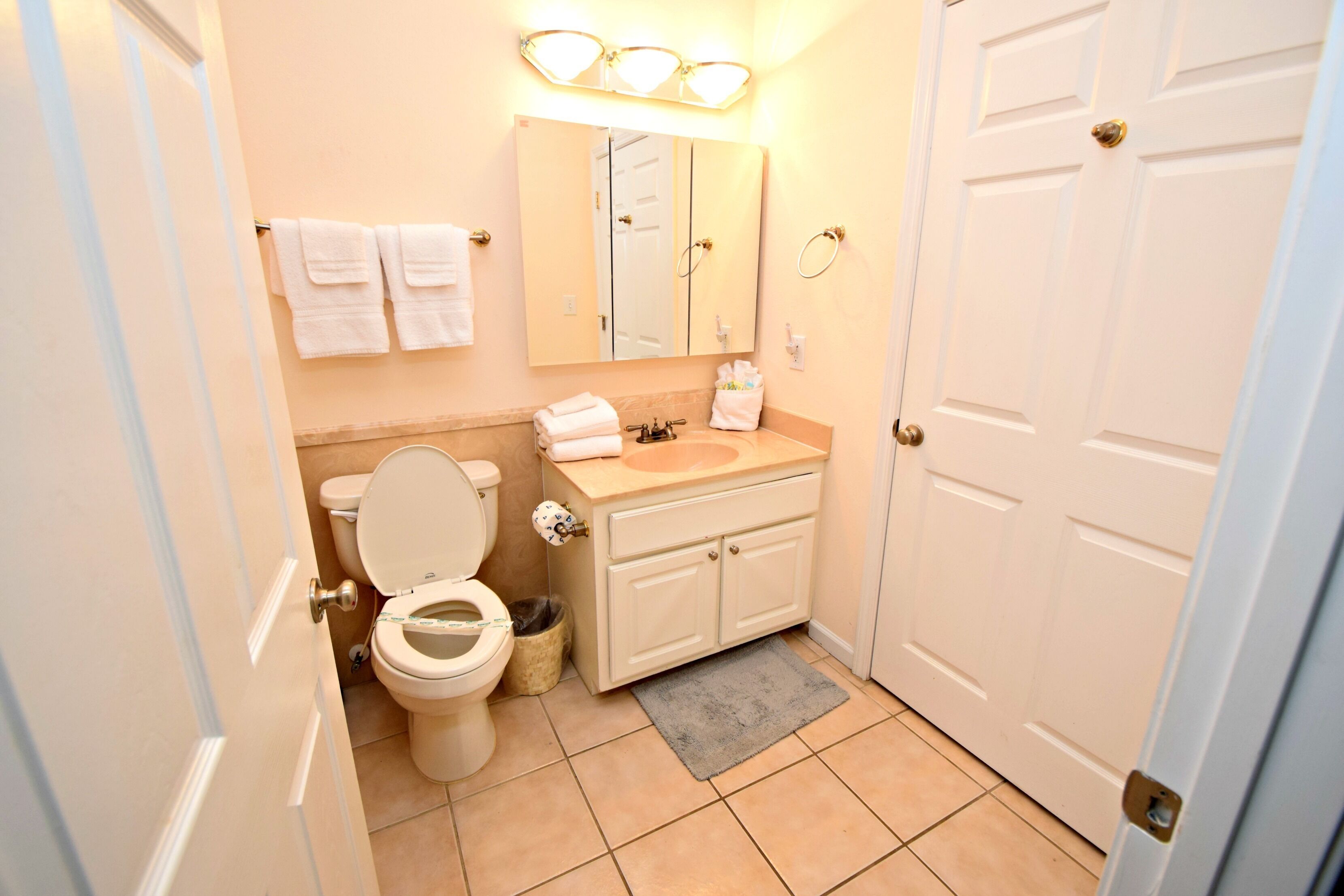 Een badkamer met toilet, wastafel, spiegel en handdoekhouder.