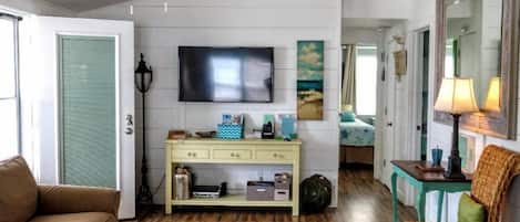 TV, DVD player, books, music library