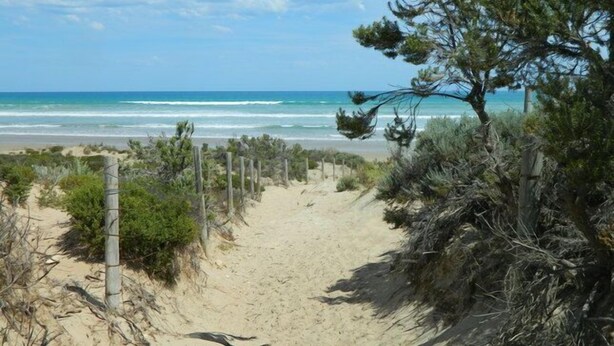 A sandy beach path with wooden posts, leading to the ocean. - Dunes Beach House Goolwa Beach (Goolwa)