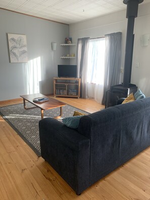 Una televisión, una chimenea, un reproductor de DVD, juguetes