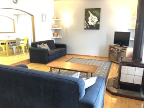 Una televisión, una chimenea, un reproductor de DVD, juguetes