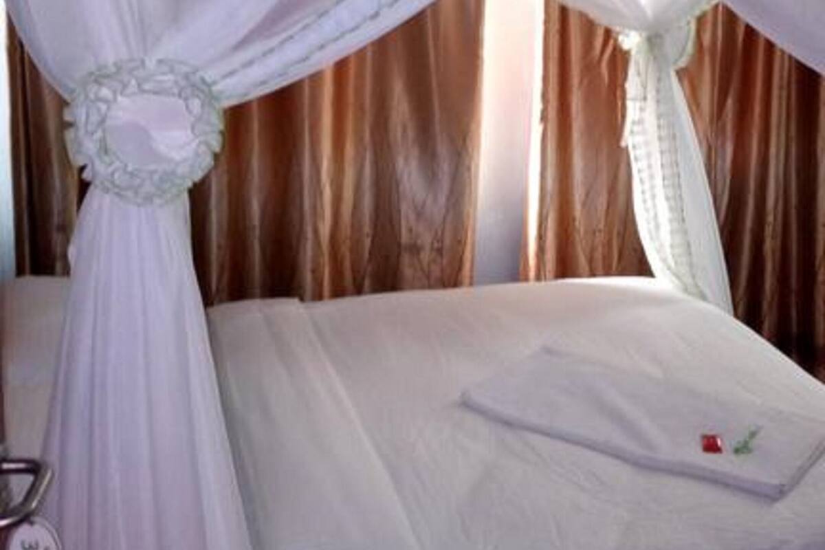 Un lit à baldaquin, avec des rideaux et un coussin décoratif.