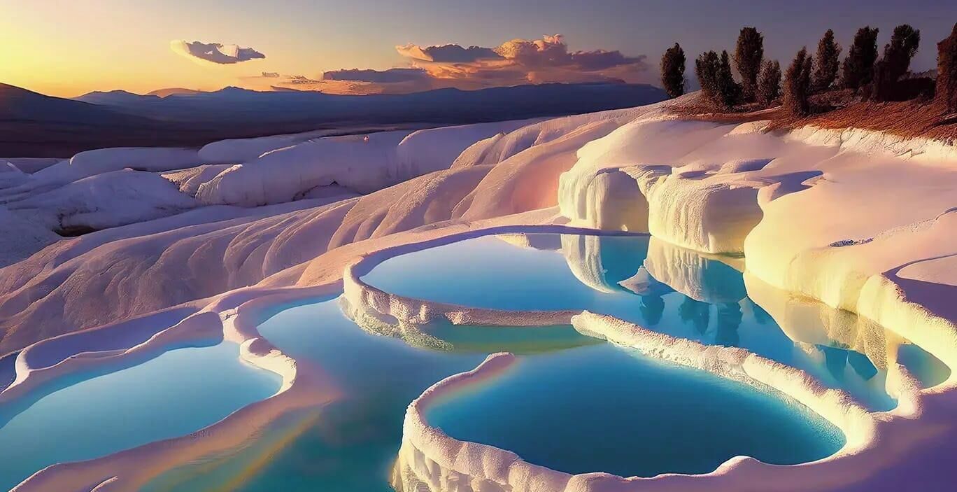 Terraced pools of clear water, surrounded by snow.