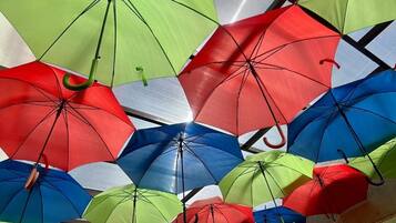 A collection of umbrellas hanging in an indoor setting.