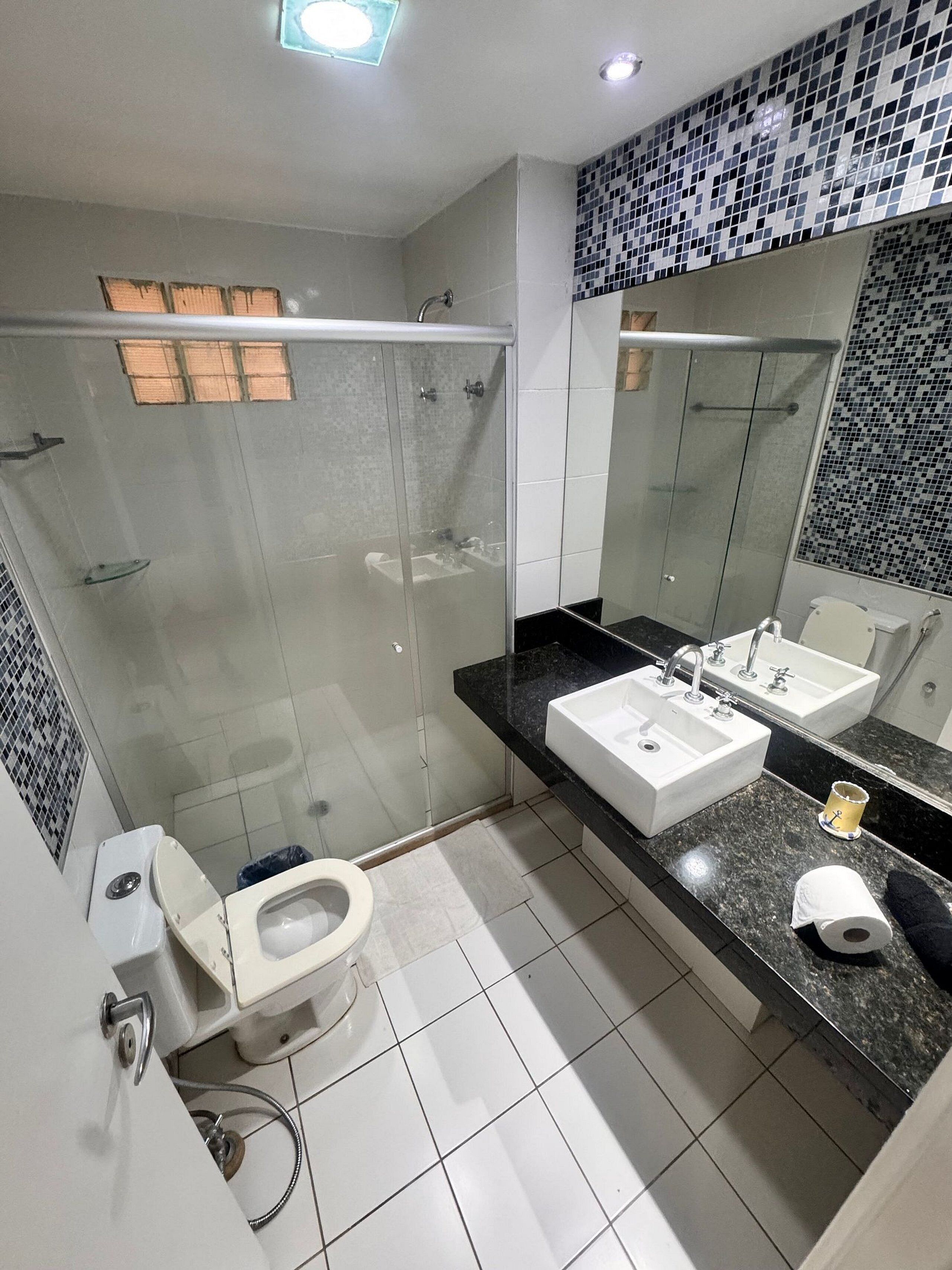 A modern bathroom with a glass-enclosed shower, a toilet, a sink, and a mirror.