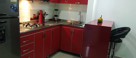 Fridge, microwave, oven, stovetop