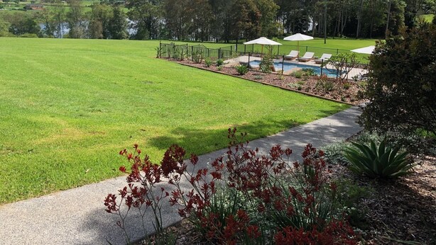A large green lawn, a swimming pool with lounge chairs, and a pathway. - Mansfield on the Manning (Tinonee)