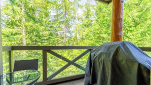 A covered outdoor area with a glass table and chairs, a barbecue grill, and a view of a dense forest. - Painted Cliff 18  Ski-in, Ski-out Luxury with serene mountain view, sleeps 7 (Whistler)