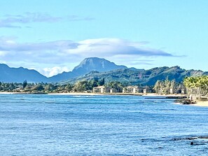 A coastal view with a mountain in the background, a beach, and buildings along the shore.