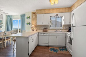 Fridge, microwave, dishwasher, coffee/tea maker