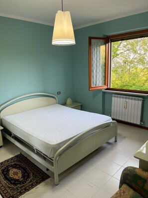Una camera da letto con un letto, un comodino, una finestra, un termosifone e un tappeto decorato.