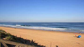 Une plage avec une clôture en bois, un rivage sablonneux et l’océan.