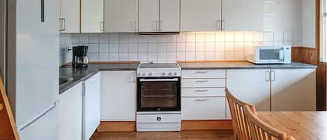 Fridge, stovetop, dishwasher, coffee/tea maker