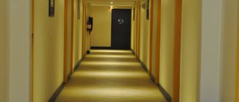 A hotel hallway with a carpeted floor, wooden doors, and framed pictures on the walls.