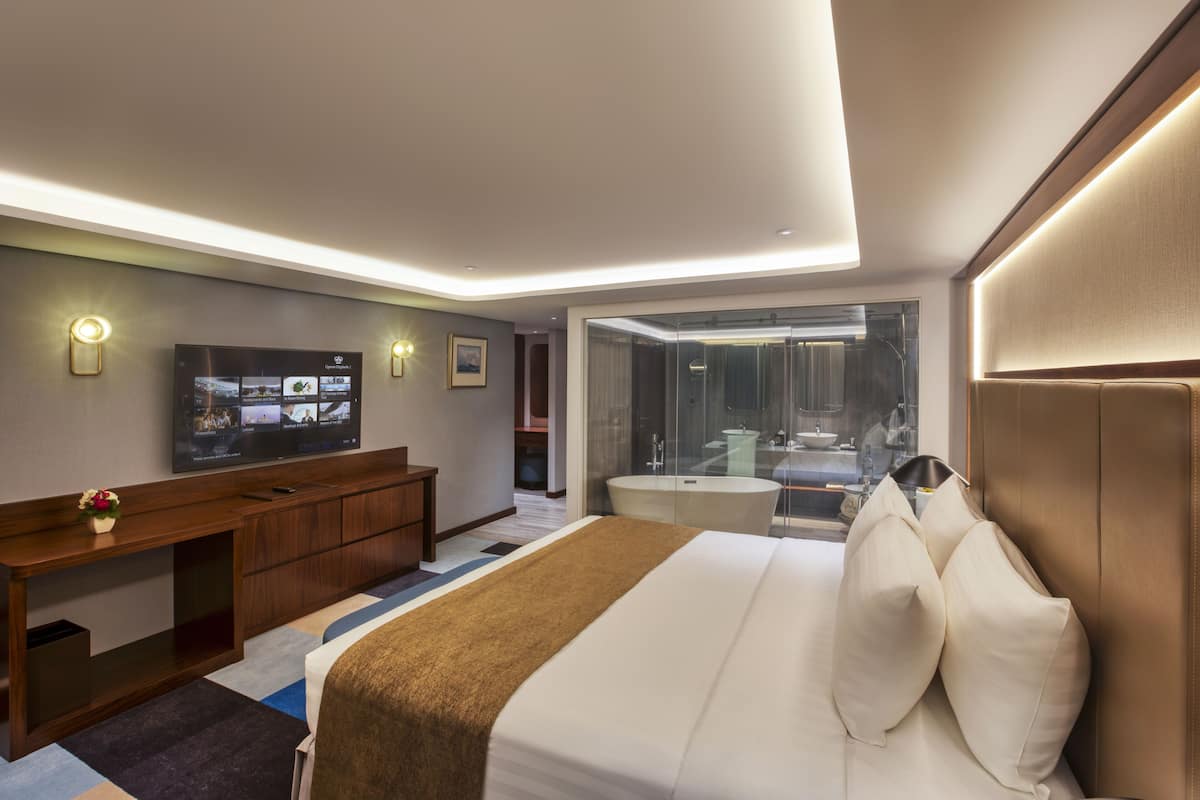 A modern hotel room with a large bed, a desk, a television, and a bathroom with a glass shower enclosure.