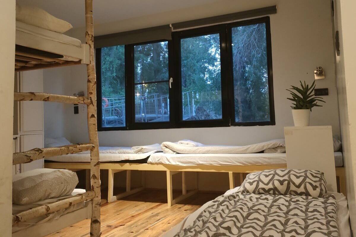 A modern bedroom with a bunk bed, a single bed, and a large window offering a view of trees.