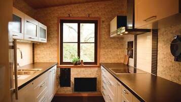 Fridge, stovetop, dishwasher, coffee/tea maker