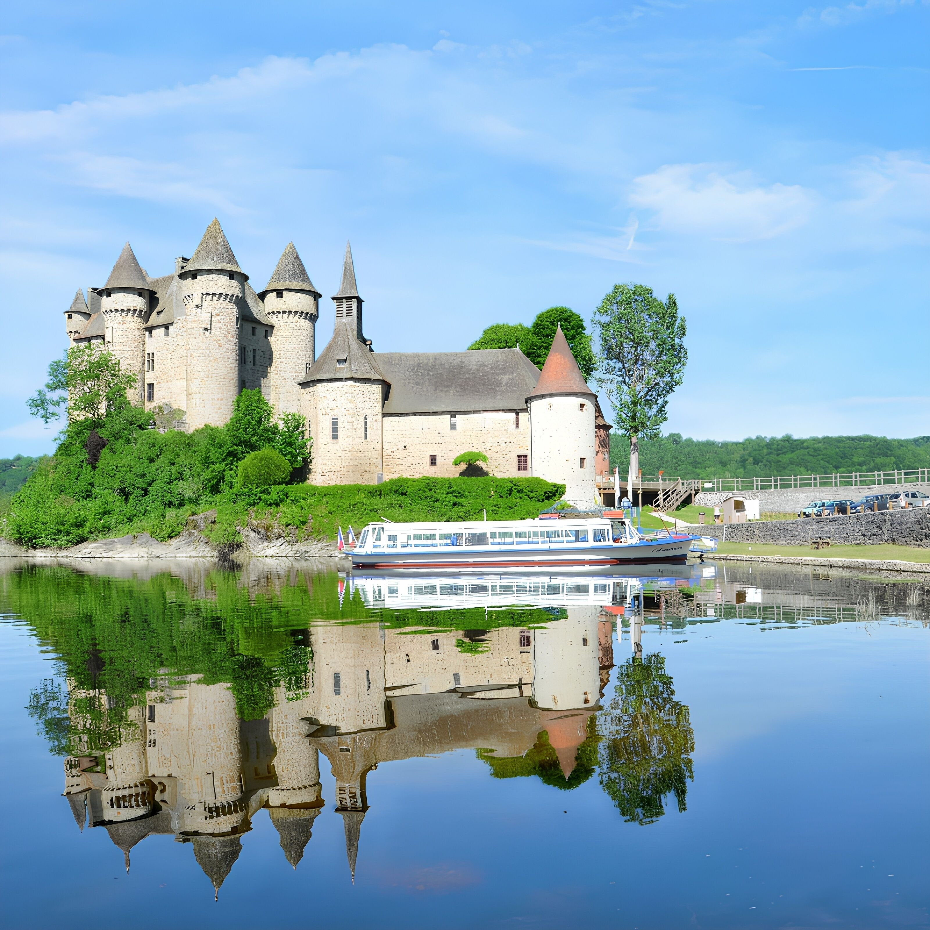 A castle with multiple towers and a river in front.
