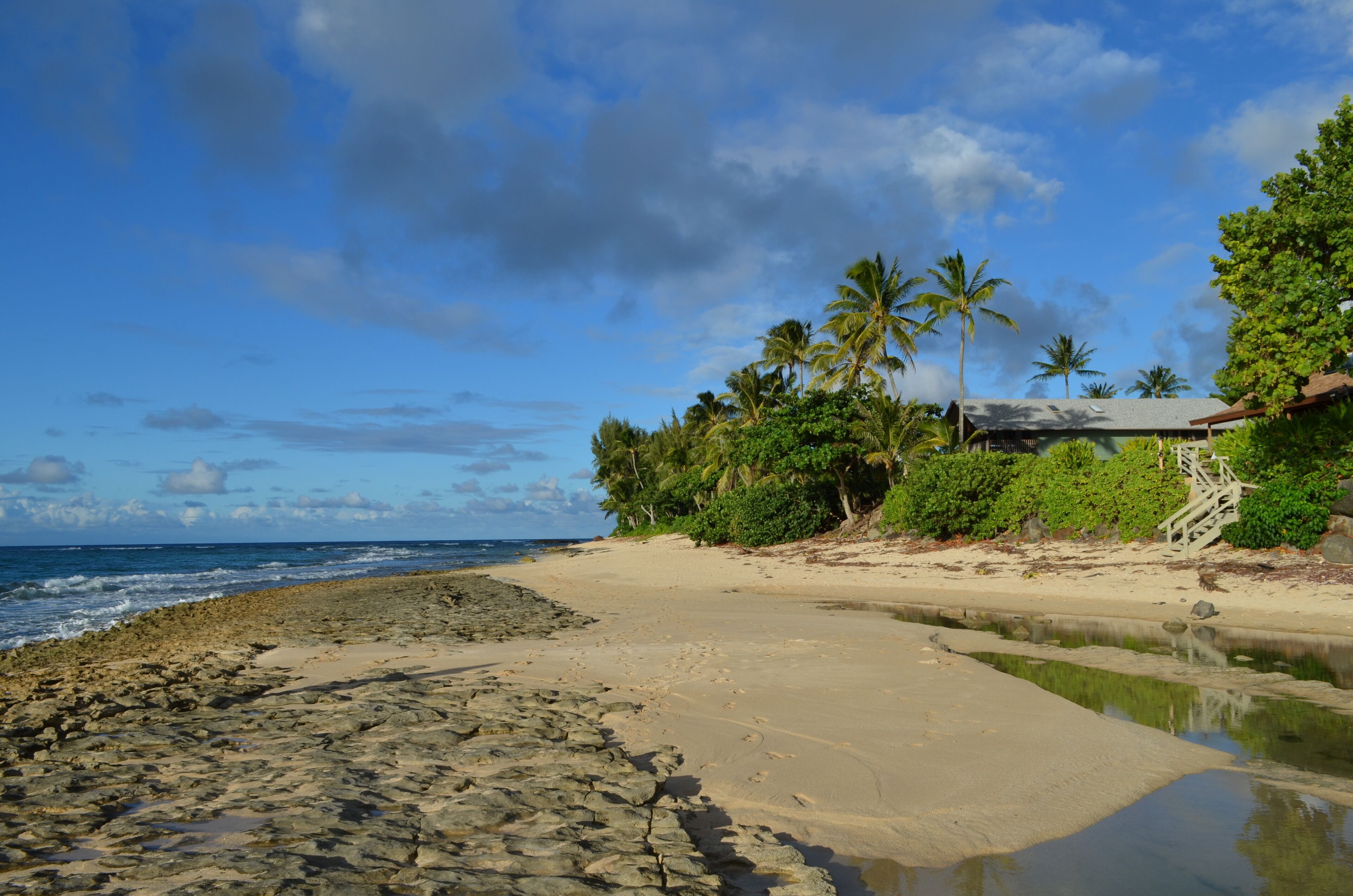 A beach with a rocky shoreline, palm trees, and a building with a staircase.