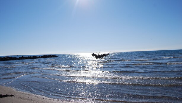 Ein Strand mit ruhigen Wellen und blauem Himmel.