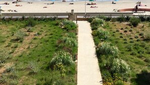 Ein Strand mit badenden und sonnenden Personen, ein klarer, blauer Himmel und Blick auf das Meer.