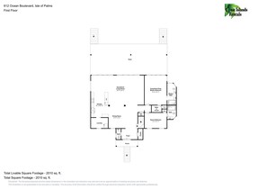Plano de planta de una propiedad en 612 Ocean Boulevard, Isla de Palm, primer piso, que incluye habitaciones como sala de estar con vista al océano, dormitorio principal con cama king y dormitorio con dos camas queen.