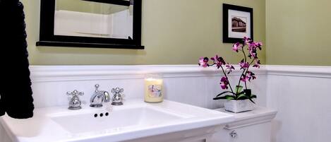 A bathroom with a white sink, a toilet, a framed picture on the wall, and a small potted orchid on the sink.