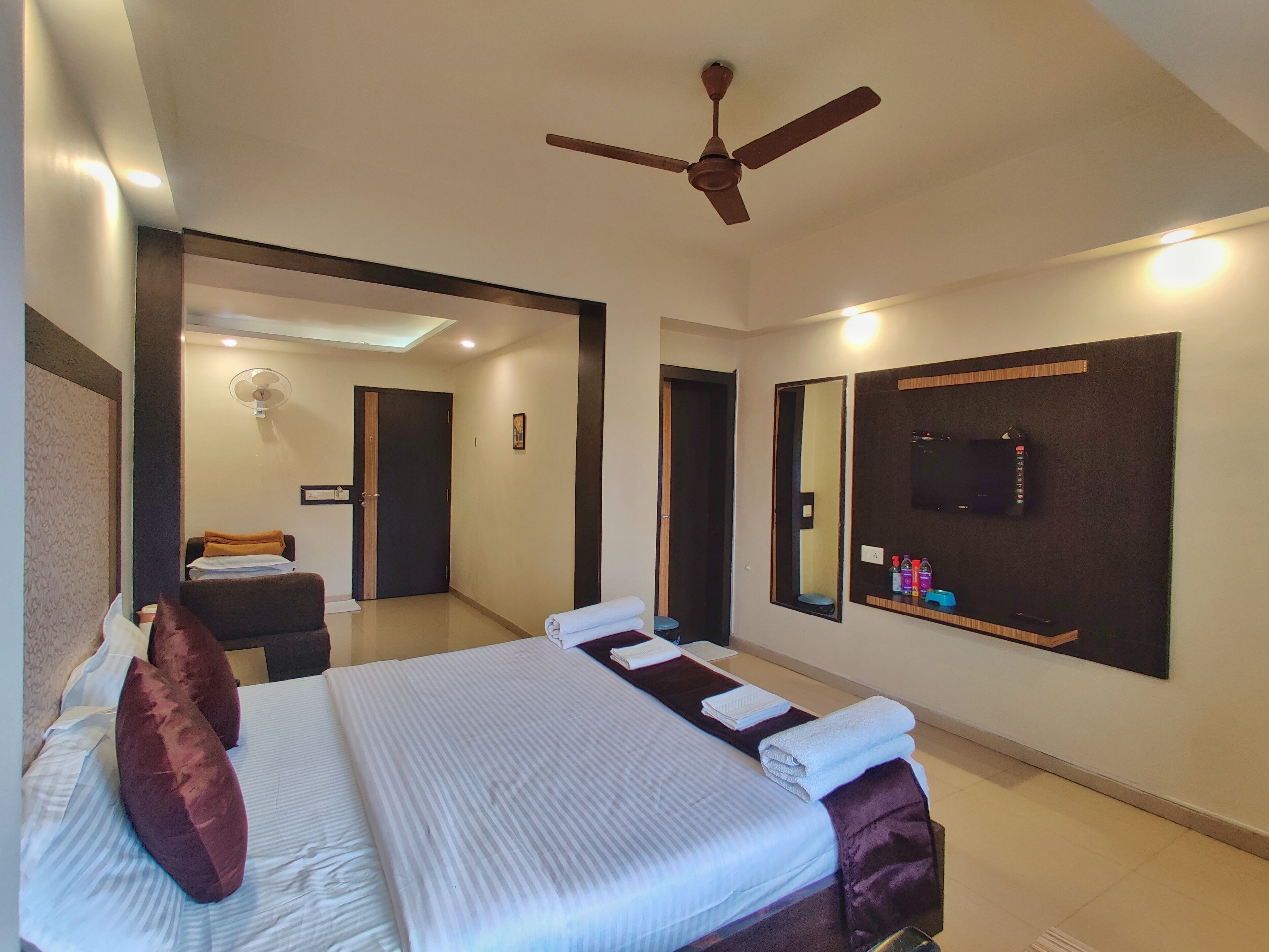 Une chambre d’hôtel avec un lit, un ventilateur de plafond, une télévision et un miroir.