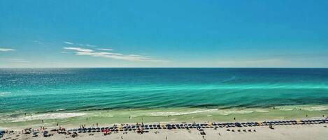 On the beach, sun loungers
