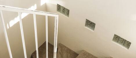 A carpeted staircase with a white handrail and a white door at the bottom.