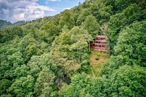 Un bâtiment traditionnel en bois, avec un toit rouge, entouré d’une forêt dense.